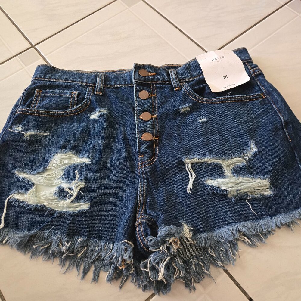 NWT Cello Windsor Dark Wash Distressed Cutoff Jean Shorts M